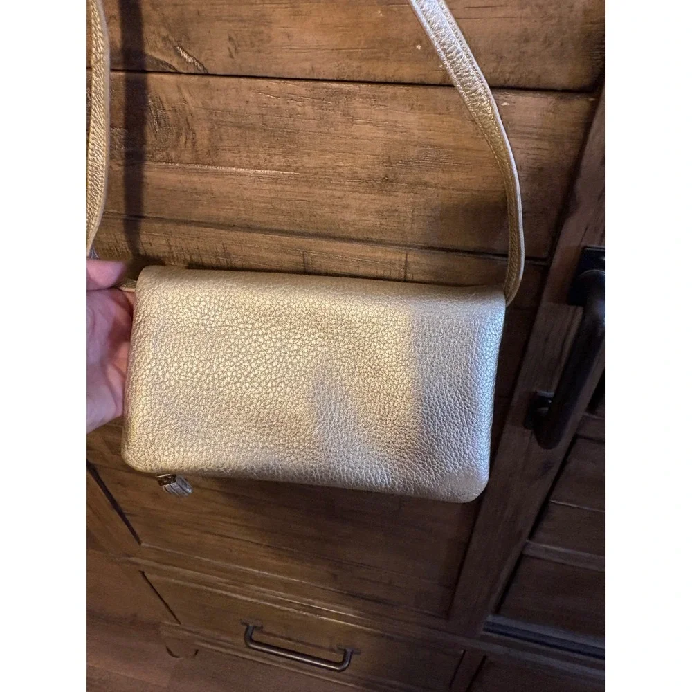 Tory Burch Metallic Gold Leather Fold Over Crossbody Clutch Bag Adjustable Strap